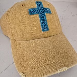 Southern Junkie Distressed Cap with Blue Leopard Cross NWT